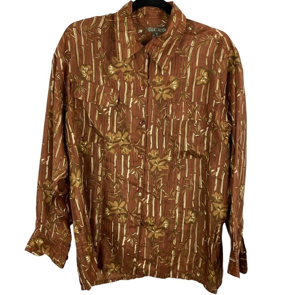 ✨3/$21✨Silk Icon 100% Silk Brown Floral Bamboo Print Button Front Blouse Medium